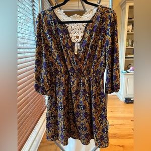 Pink Owl crochet back 3/4 length sleeved dress size large